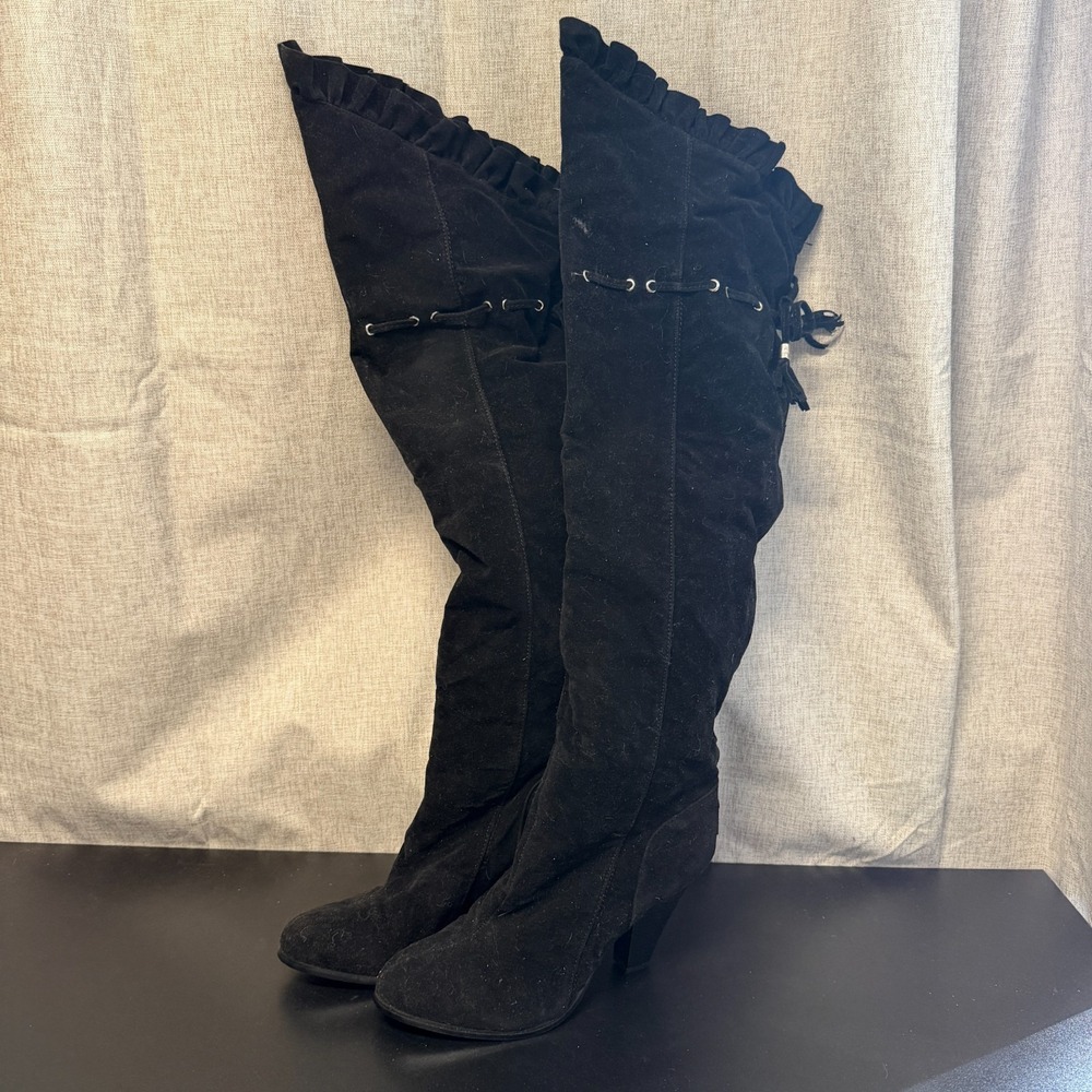 Pastry‎ Knee High Boots Women's 10M Black Suede Cone Heeled Almond Toe Ruffles
